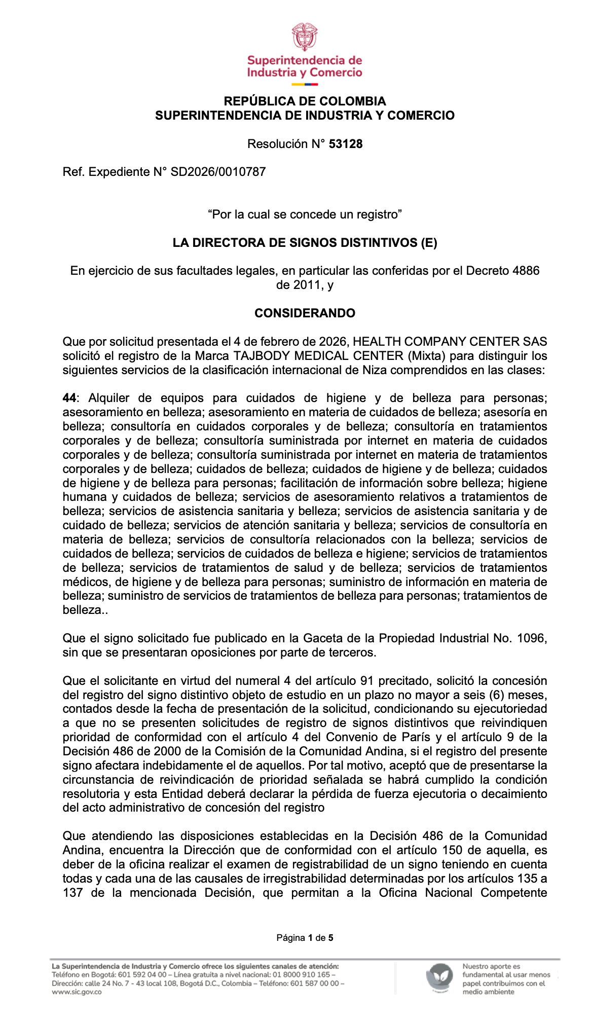 Resolución oficial de registro de TAJBODY MEDICAL CENTER
